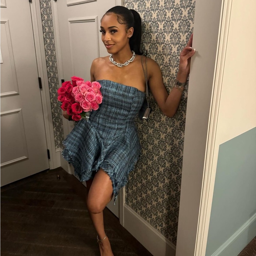 Blue knit lace up dress